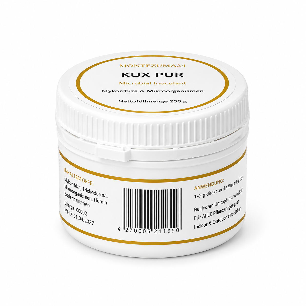KUX PUR 250 g von MONTEZUMA24 mit Mykorrhiza und Mikroorganismen, Produktdose mit Deckelansicht, Etikett und Barcode