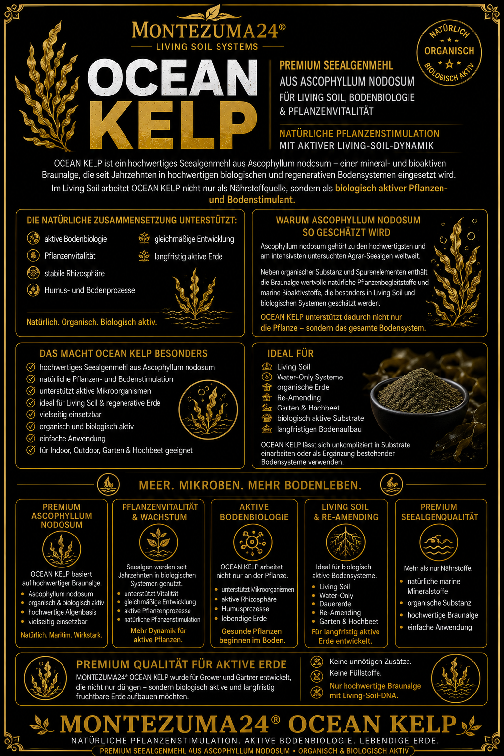 Produktinformation zu MONTEZUMA24 OCEAN KELP – Kelpmehl aus Ascophyllum nodosum für Living Soil und biologisch aktive Böden