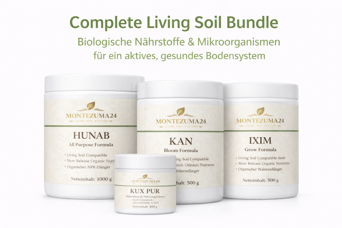 Complete Living Soil Bundle von Montezuma24 mit Hunab All Purpose, Kan Bloom, Ixim Grow und Kux Pur Mykorrhiza – biologische Nährstoffe und Mikroorganismen für ein aktives Living Soil Bodensystem