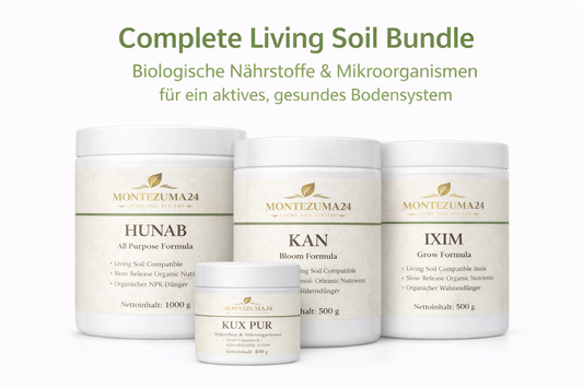 Complete Living Soil Bundle von Montezuma24 mit Hunab All Purpose, Kan Bloom, Ixim Grow und Kux Pur Mykorrhiza – biologische Nährstoffe und Mikroorganismen für ein aktives Living Soil Bodensystem