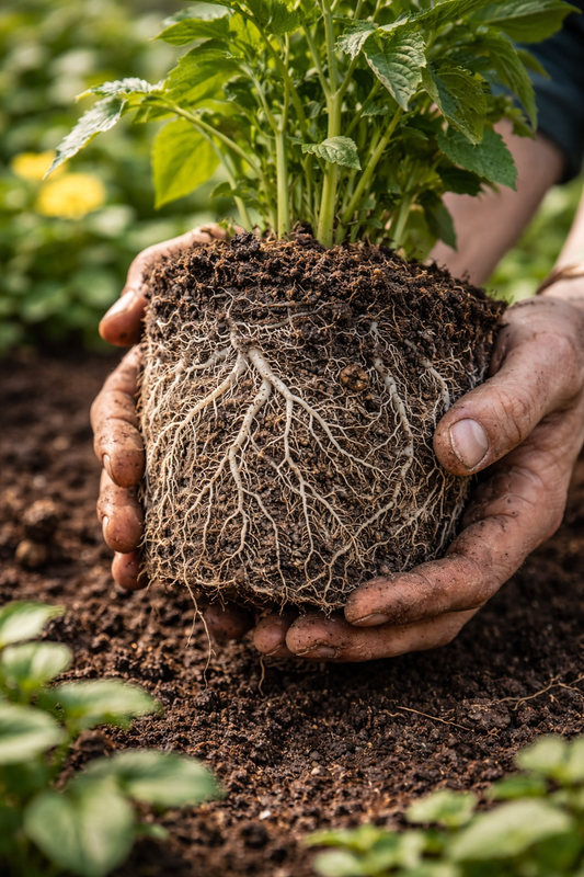 Gesunder Wurzelballen mit dichtem weißen Wurzelnetz in lebendiger Erde – Beispiel für starkes Pflanzenwachstum im Living Soil 🌱