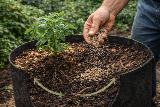 No-Till Living Soil Anwendung nach der Ernte mit neuer Pflanze, aktivem Bodenleben und Mikroorganismen 🌱