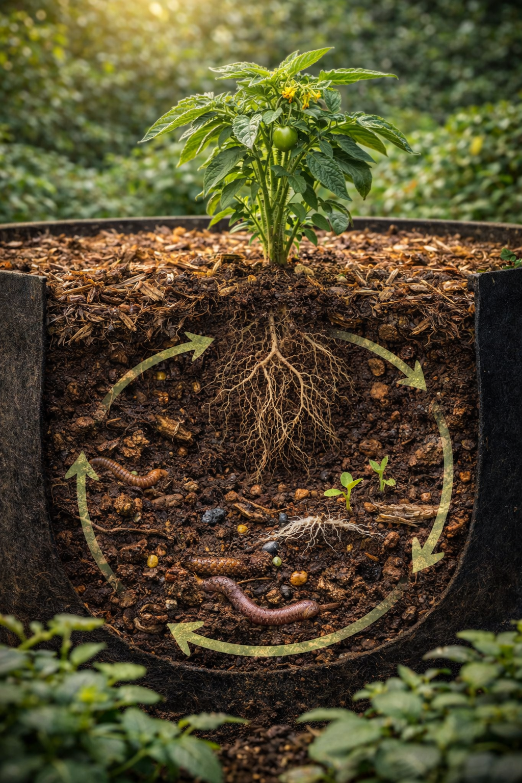 Living Soil Kreislauf mit Pflanze, Wurzeln, Mulch und Regenwürmern im lebendigen Boden 🌱