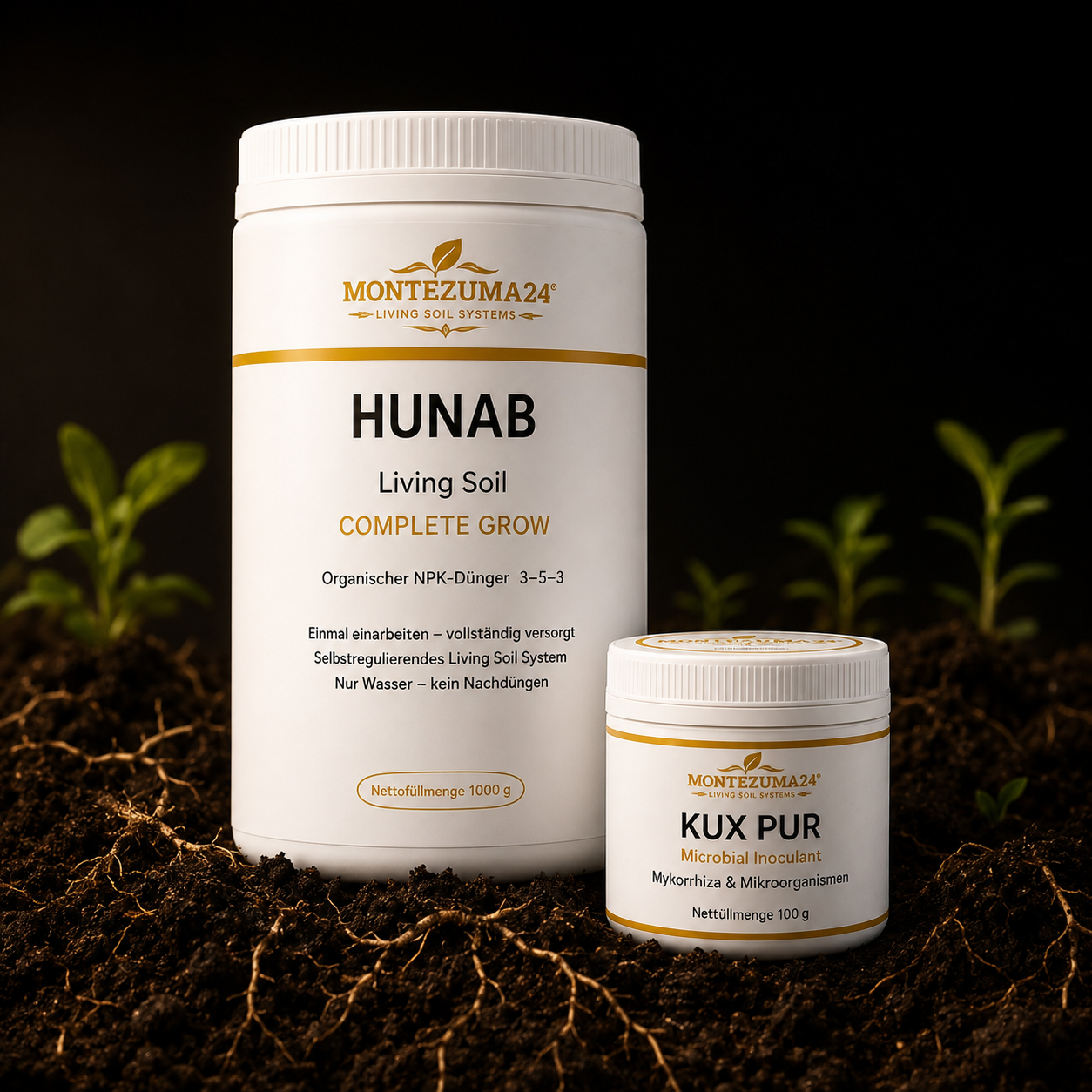 BALAM Living Soil Set von MONTEZUMA24 mit HUNAB Complete Grow und KUX PUR Microbial Inoculant auf lebendiger Erde mit Wurzeln und jungen Pflanzen