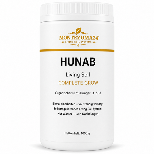 HUNAB Living Soil Complete Grow 1000 g von MONTEZUMA24, organischer NPK-Dünger 3-5-3 für vollständige Versorgung, selbstregulierendes Living Soil System und aktives Bodenleben