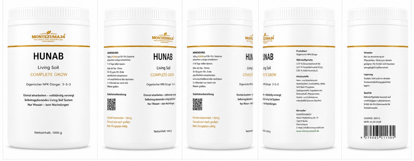 HUNAB Living Soil Complete Grow 1000 g von MONTEZUMA24 mit mehreren Produktansichten, Frontetikett, Anwendung, Nährstoffgehalten, Inhaltsstoffen, Hinweisen, Herstellerangaben und Barcode