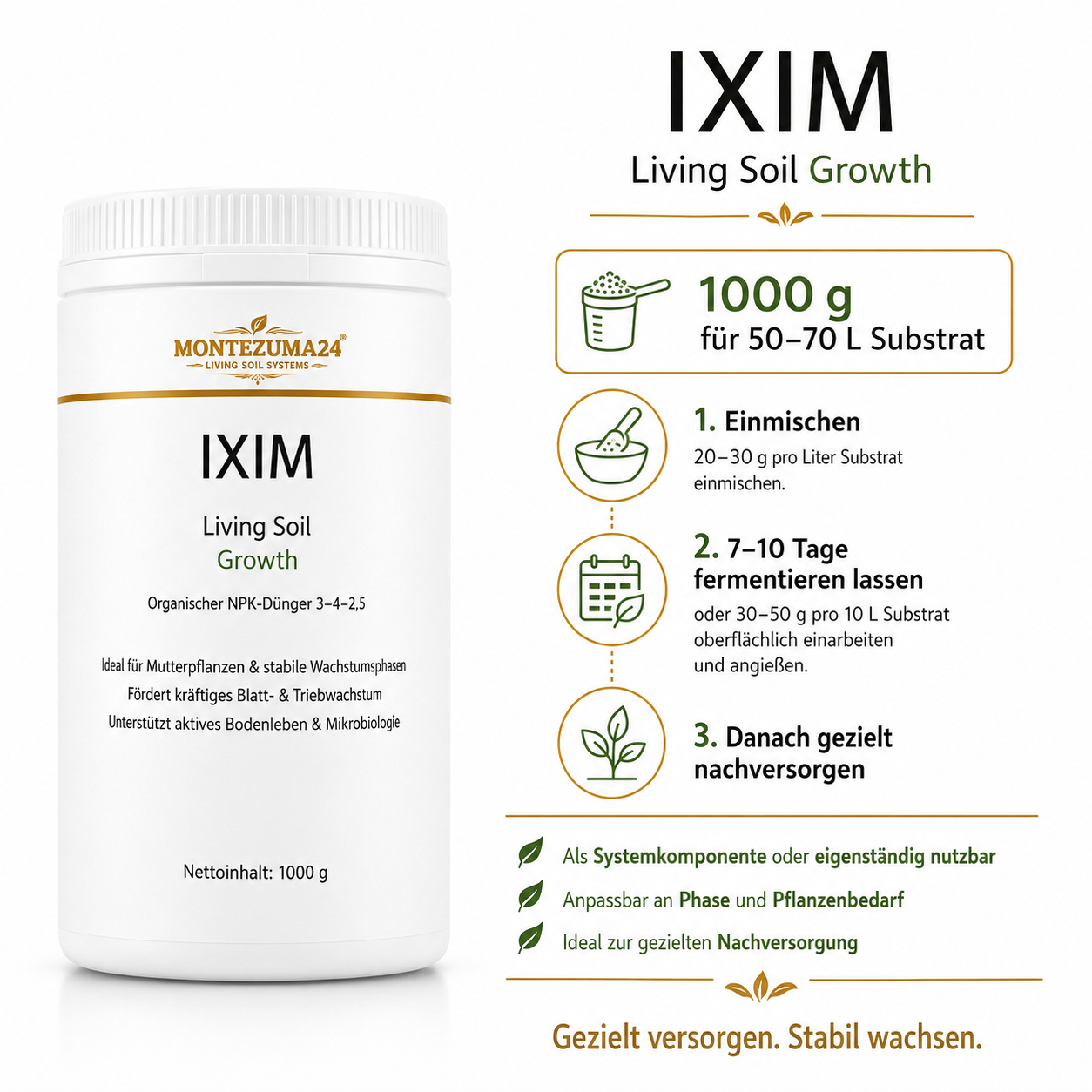 IXIM Living Soil Growth von MONTEZUMA24 mit Anwendung, Dosierung und Vorteilen für Wachstumsphase, Substrat, Bodenleben und gezielte Nachversorgung