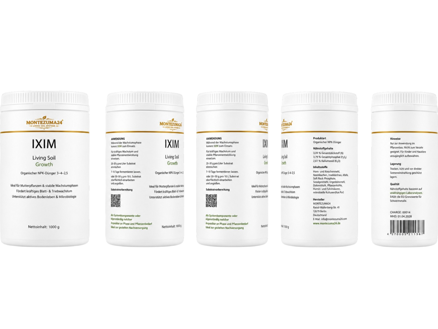 IXIM Living Soil Growth von MONTEZUMA24 mit mehreren Produktansichten, Frontetikett, Anwendung, Inhaltsstoffen, Hinweisen und Barcode
