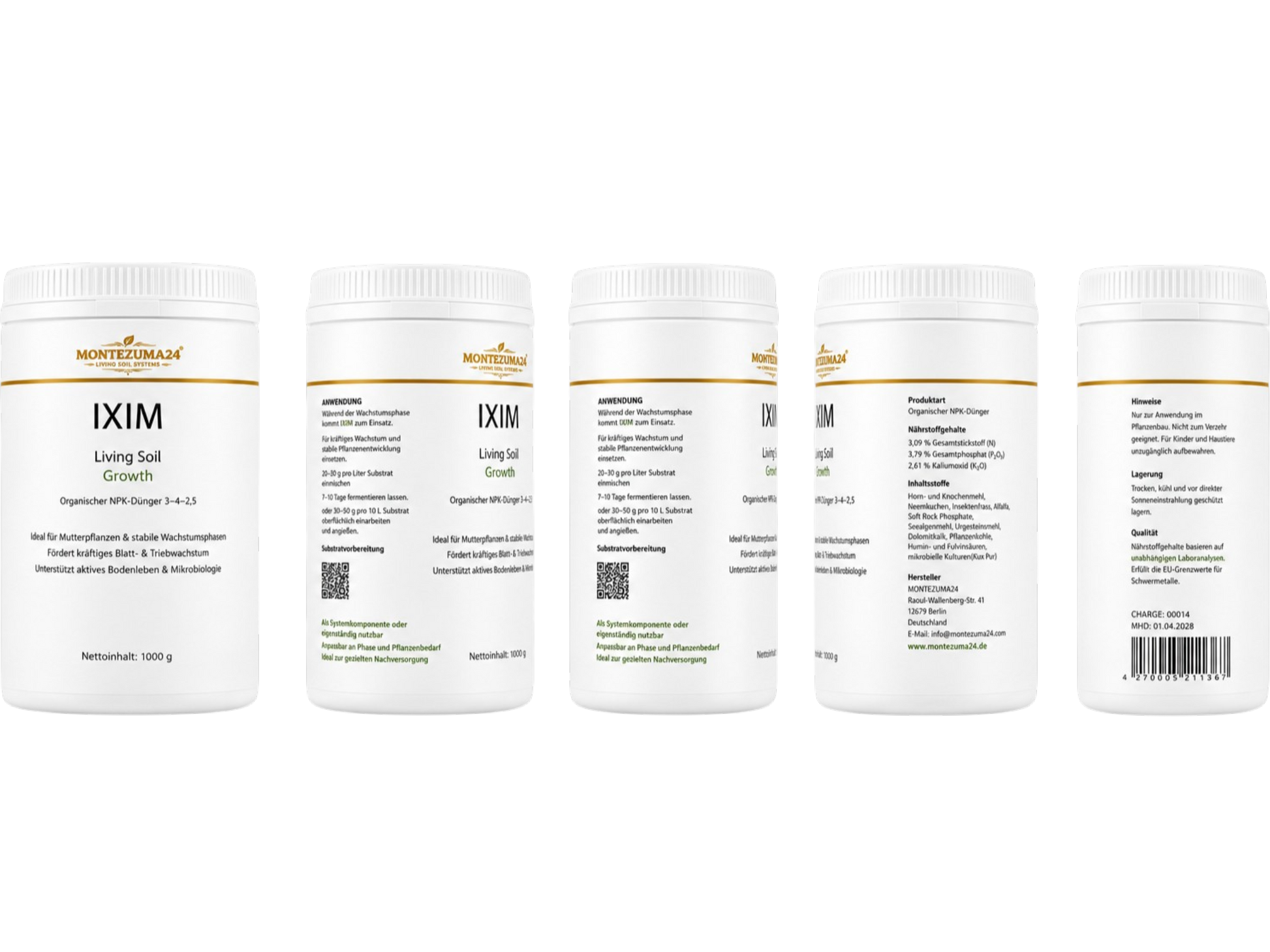 IXIM Living Soil Growth von MONTEZUMA24 mit mehreren Produktansichten, Frontetikett, Anwendung, Inhaltsstoffen, Hinweisen und Barcode