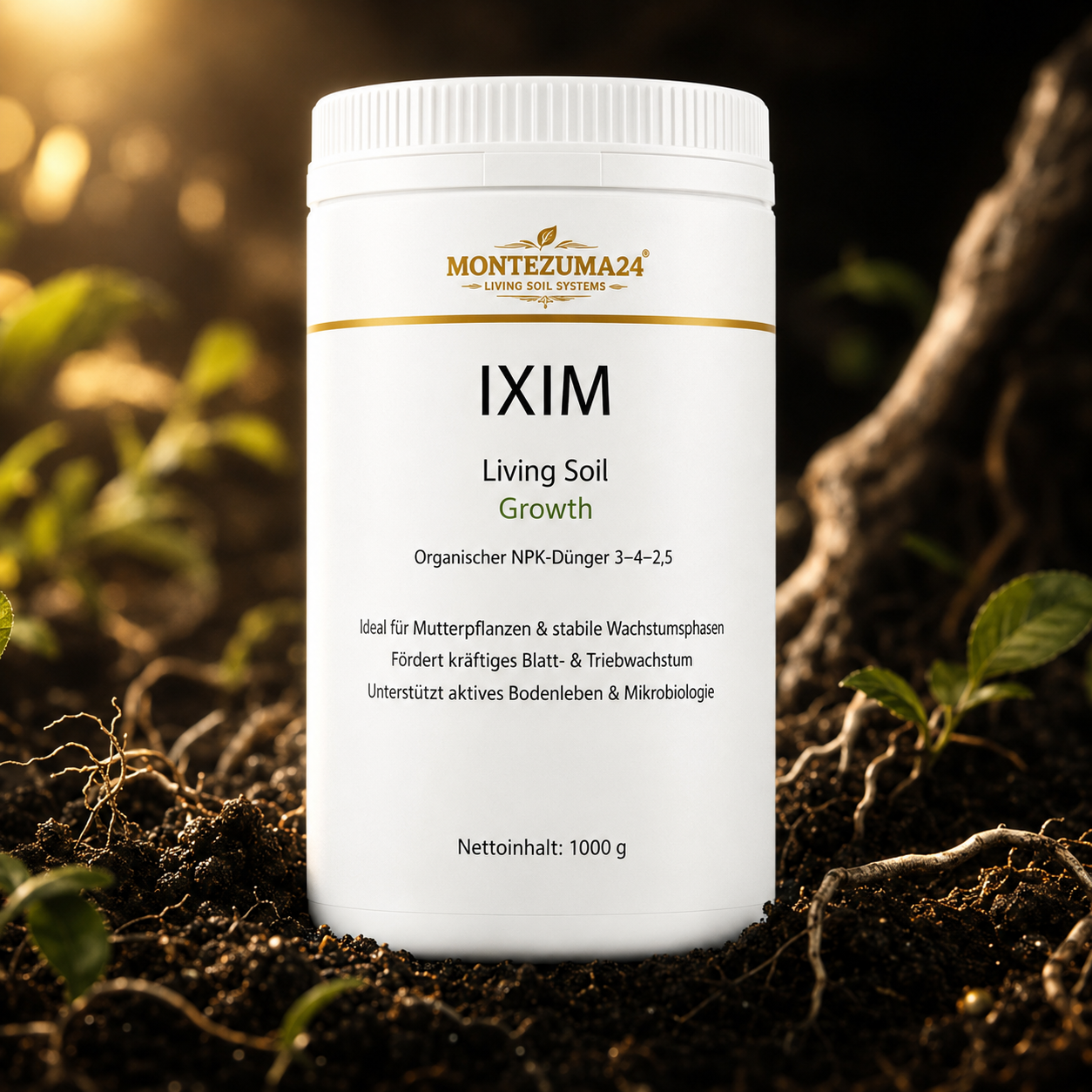 IXIM Living Soil Growth von MONTEZUMA24 als organischer Wachstumsdünger auf lebendiger Erde mit Wurzeln und jungen Pflanzen