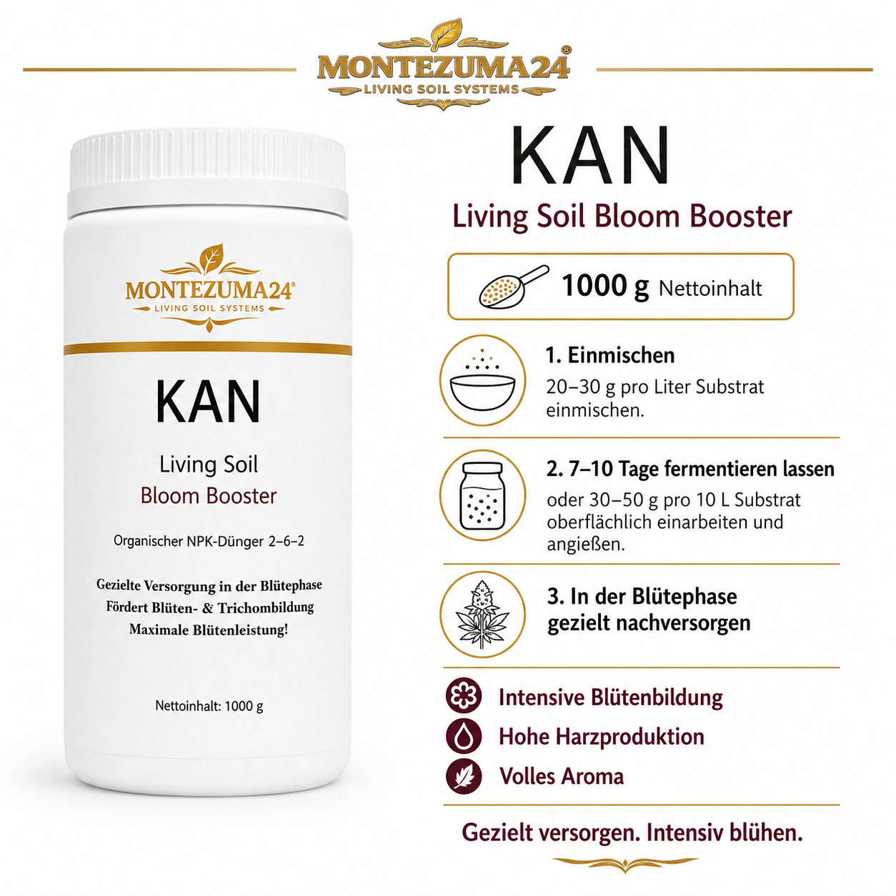 KAN Living Soil Bloom Booster von MONTEZUMA24 mit Anwendung, Dosierung und Vorteilen für Blütephase, Blütenbildung, Harzproduktion und Aroma