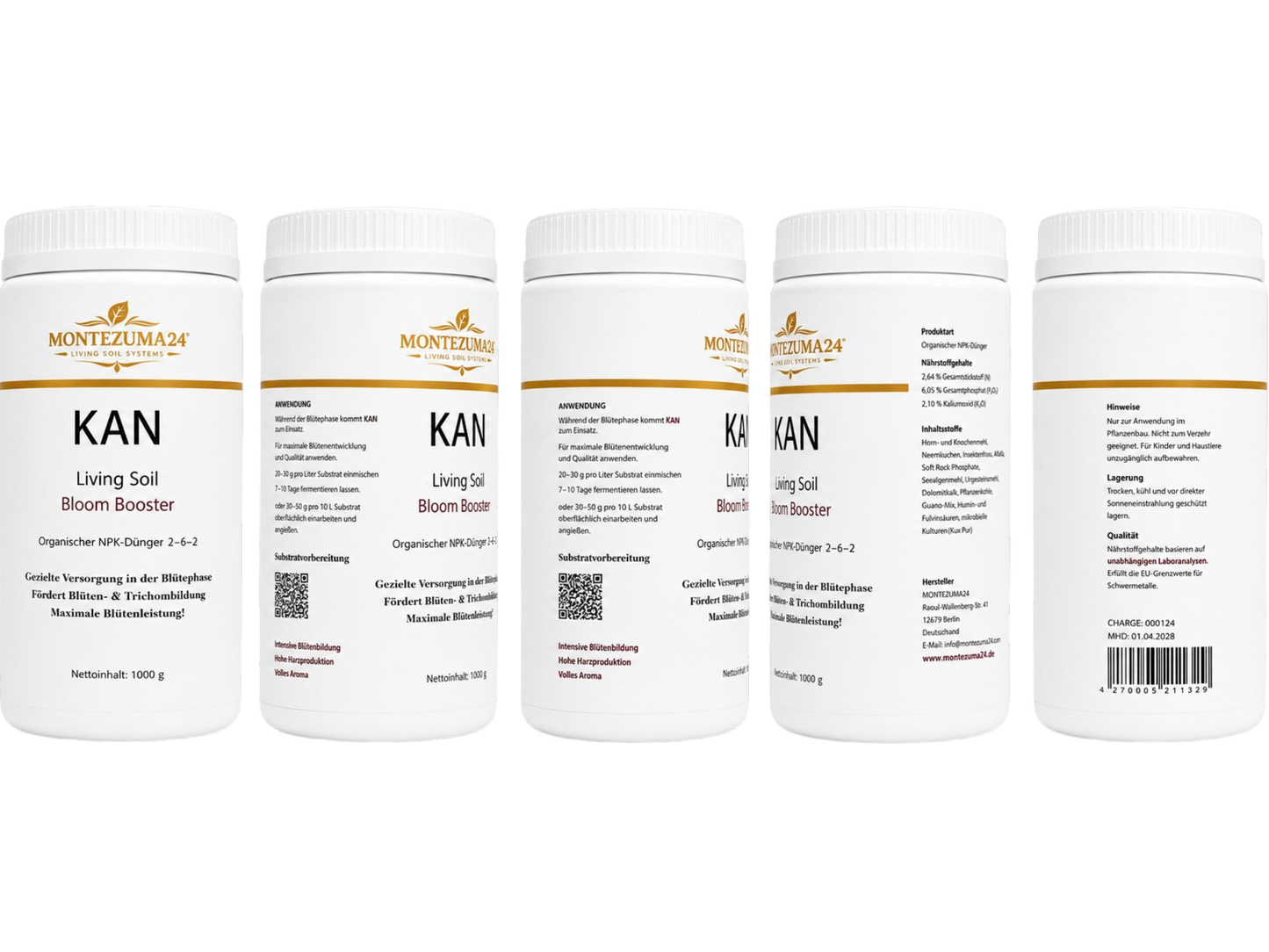 KAN Living Soil Bloom Booster von MONTEZUMA24 mit mehreren Produktansichten, Frontetikett, Anwendung, Inhaltsstoffen, Hinweisen, Herstellerangaben und Barcode