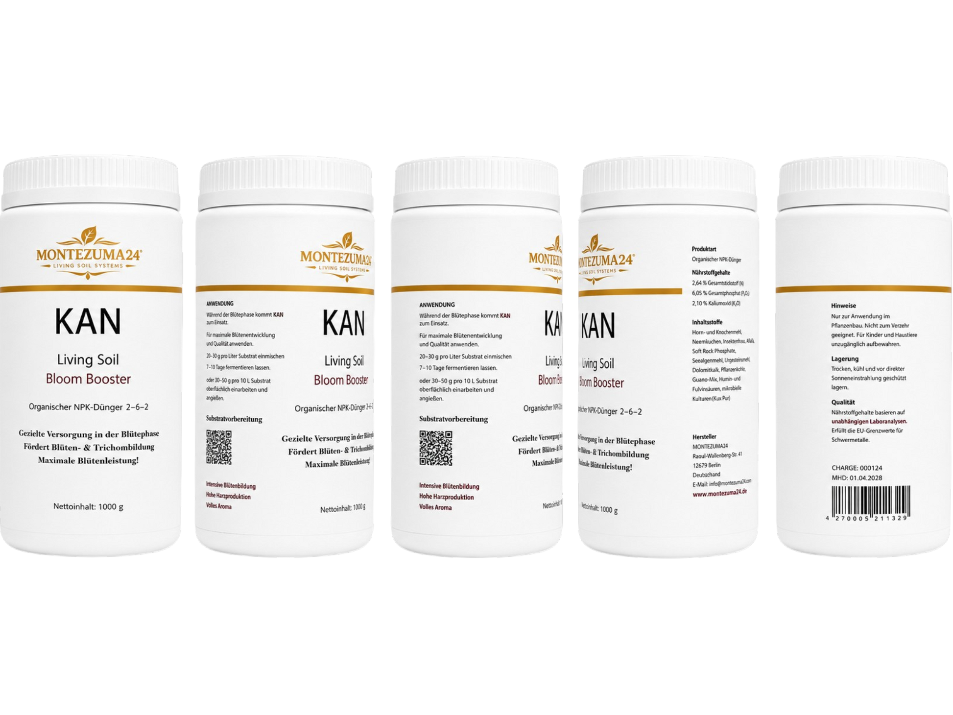 KAN Living Soil Bloom Booster von MONTEZUMA24 mit mehreren Produktansichten, Frontetikett, Anwendung, Inhaltsstoffen, Hinweisen, Herstellerangaben und Barcode