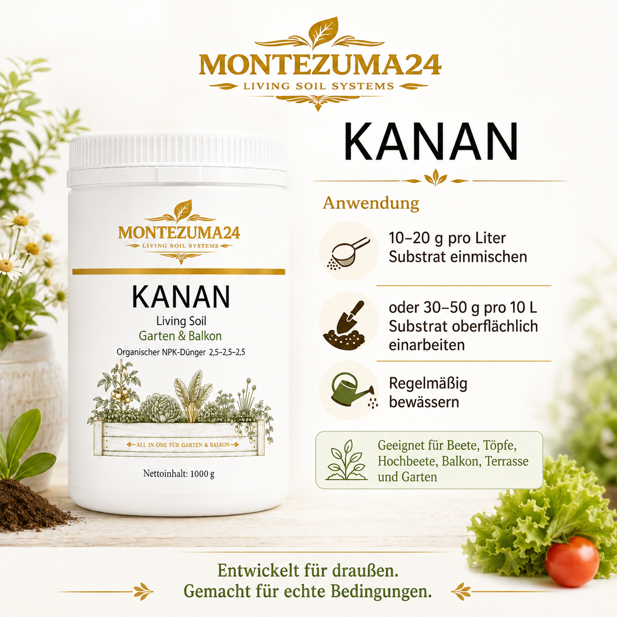 KANAN Living Soil Garten & Balkon 1000 g von MONTEZUMA24 mit Anwendung und Dosierung für Beete, Töpfe, Hochbeete, Balkon, Terrasse und Garten