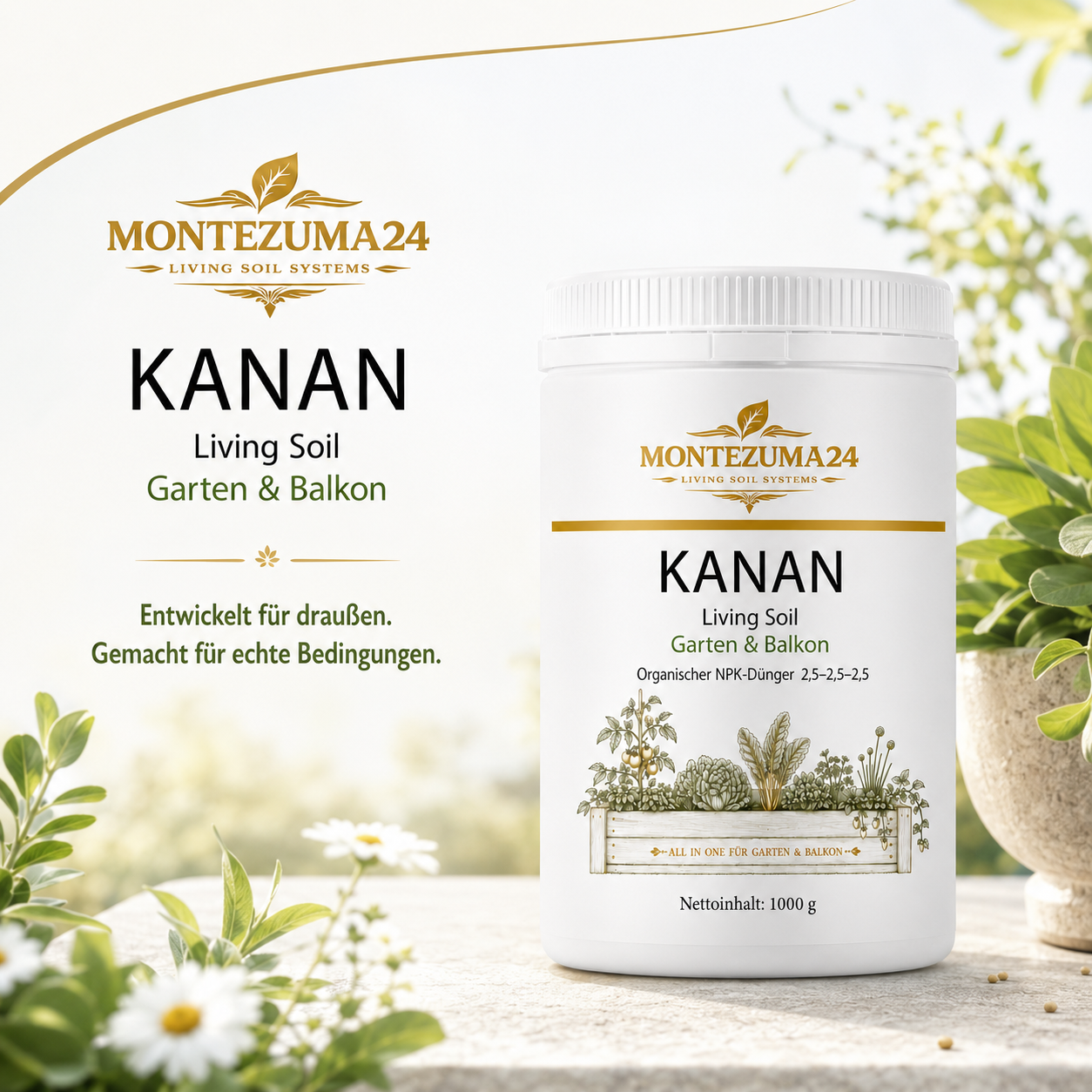 KANAN Living Soil Garten & Balkon 1000 g von MONTEZUMA24, organischer NPK-Dünger für Gartenpflanzen, Balkonpflanzen, Kübelpflanzen, Kräuter und Gemüse im Außenbereich