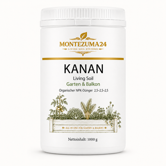 KANAN Living Soil Garten & Balkon 1000 g von MONTEZUMA24, organischer NPK-Dünger 2,5-2,5-2,5 für Gartenpflanzen, Balkonpflanzen, Gemüse, Kräuter und aktives Bodenleben