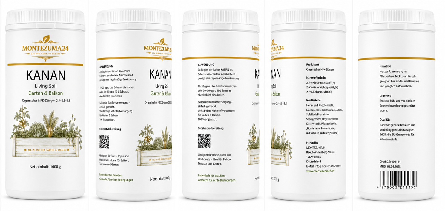 KANAN Living Soil Garten & Balkon 1000 g von MONTEZUMA24 mit mehreren Produktansichten, Frontetikett, Anwendung, Nährstoffgehalten, Inhaltsstoffen, Hinweisen, Herstellerangaben und Barcode