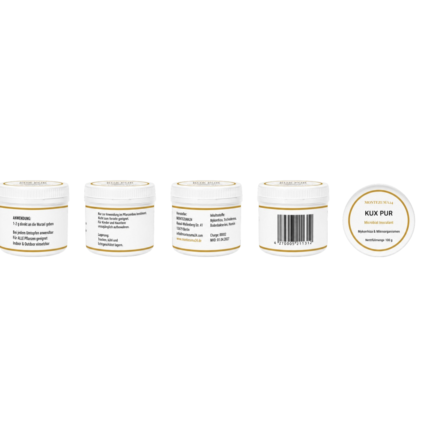 KUX PUR Microbial Inoculant 100 g von MONTEZUMA24 mit mehreren Produktansichten, Anwendung, Hinweisen, Inhaltsstoffen, Herstellerangaben, Barcode und Deckelansicht