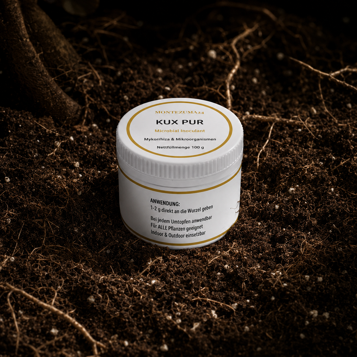 KUX PUR 100 g von MONTEZUMA24 mit Mykorrhiza und Mikroorganismen auf lebendiger Erde mit Wurzeln zur Aktivierung des Bodenlebens