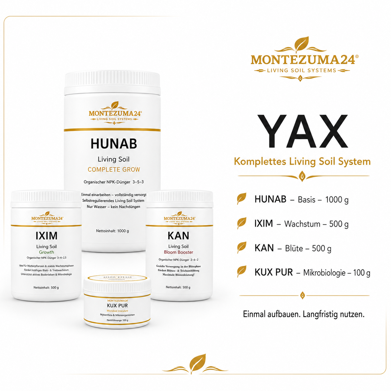 YAX komplettes Living Soil System von MONTEZUMA24 mit HUNAB, IXIM, KAN und KUX PUR als Bundle Übersicht