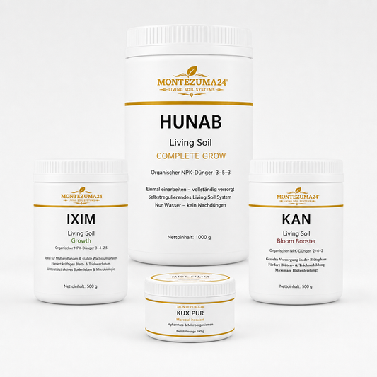 YAX Living Soil Bundle Komplettset von MONTEZUMA24 mit HUNAB Complete Grow, IXIM Growth, KAN Bloom Booster und KUX PUR Microbial Inoculant
