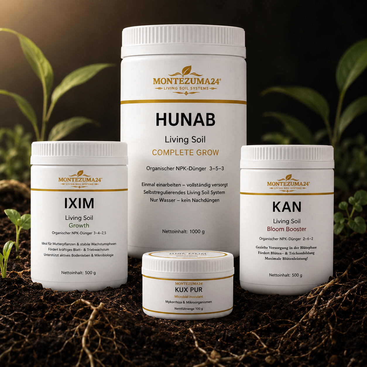 YAX Living Soil Bundle von MONTEZUMA24 mit HUNAB, IXIM, KAN und KUX PUR auf lebendiger Erde mit Wurzeln und Pflanzen